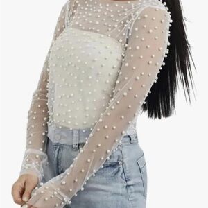 Elegant White Pearl Embellished Sheer Top